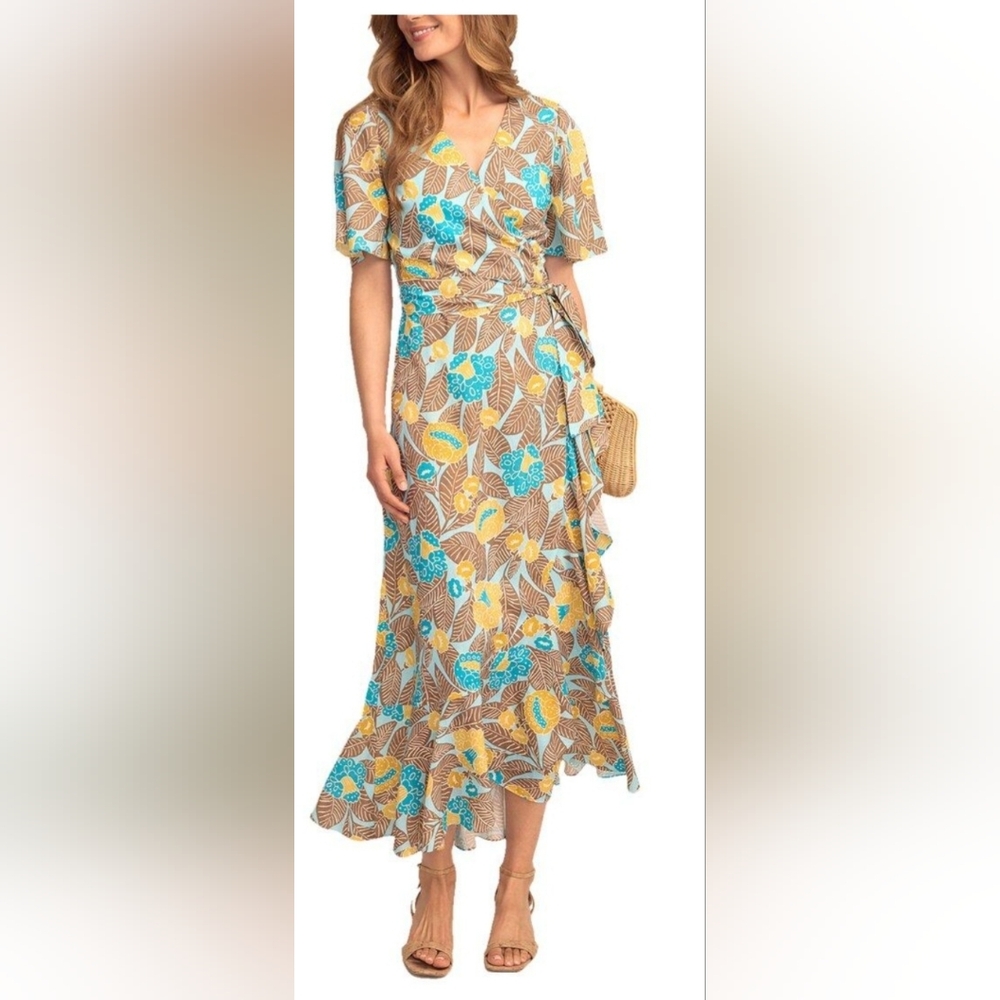 J. McLaughlin Audette blue multi cottagecore ruffled maxi wrap dress size small